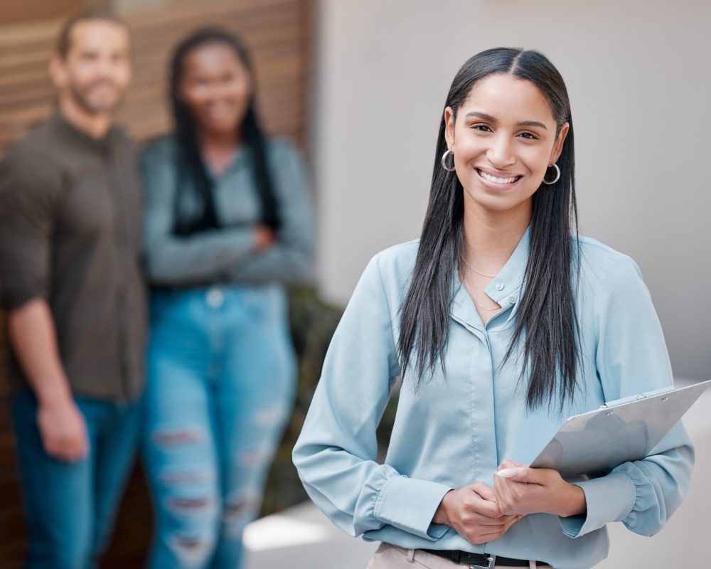 Woman, portrait and couple at house with real estate agent in sale of property with paperwork. Happy, realtor or show apartment or home to people with landlord, contract or mortgage advice for loan.